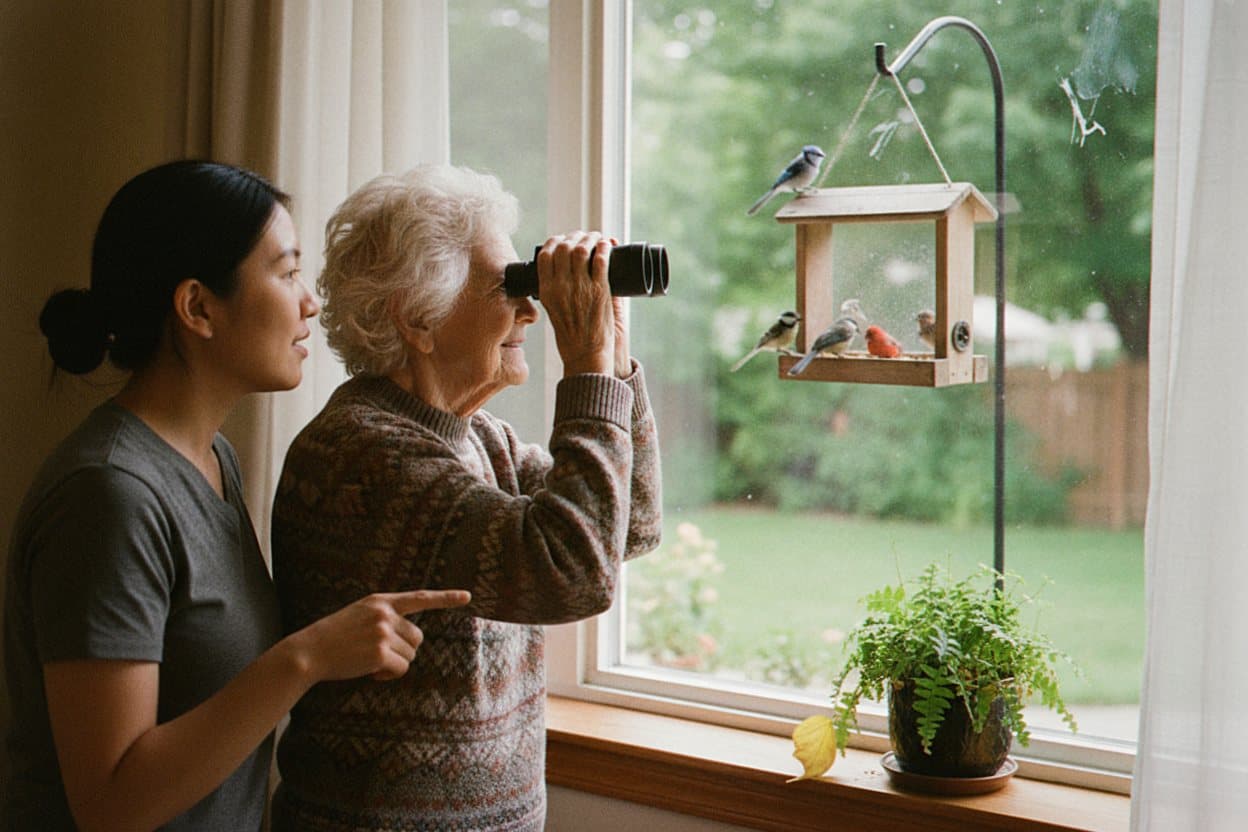Senior bird watching with caregiver outside