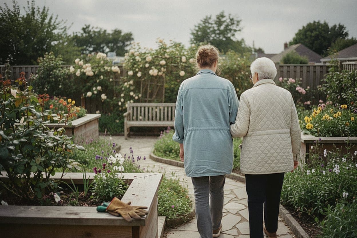 Caregiver and elderly person on garden walk