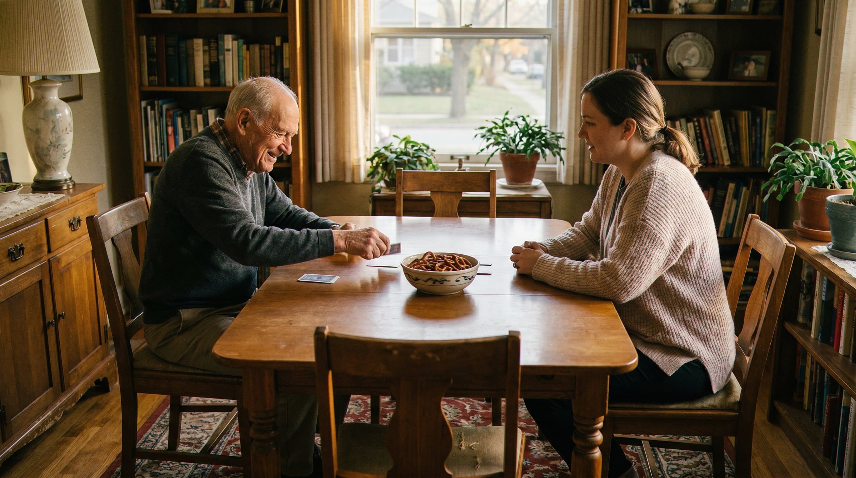Elderly person playing cards with caregiver