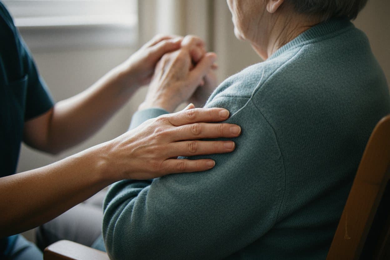 Caregiver's hand reassuringly on shoulder