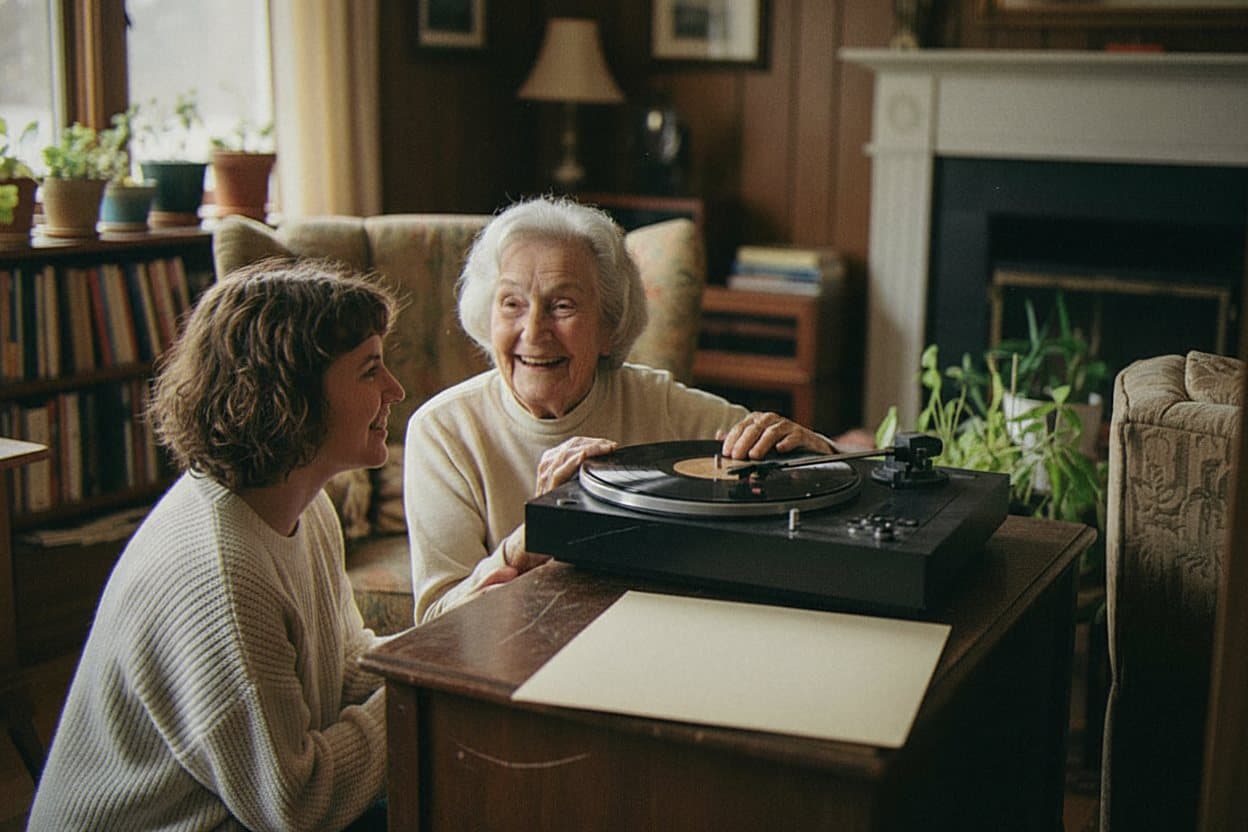 Senior listening to music with caregiver