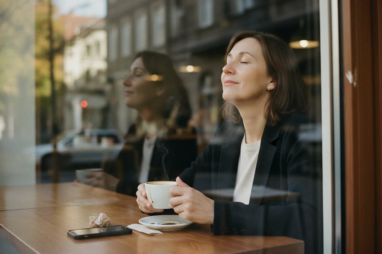 Adult daughter relaxing with coffee break