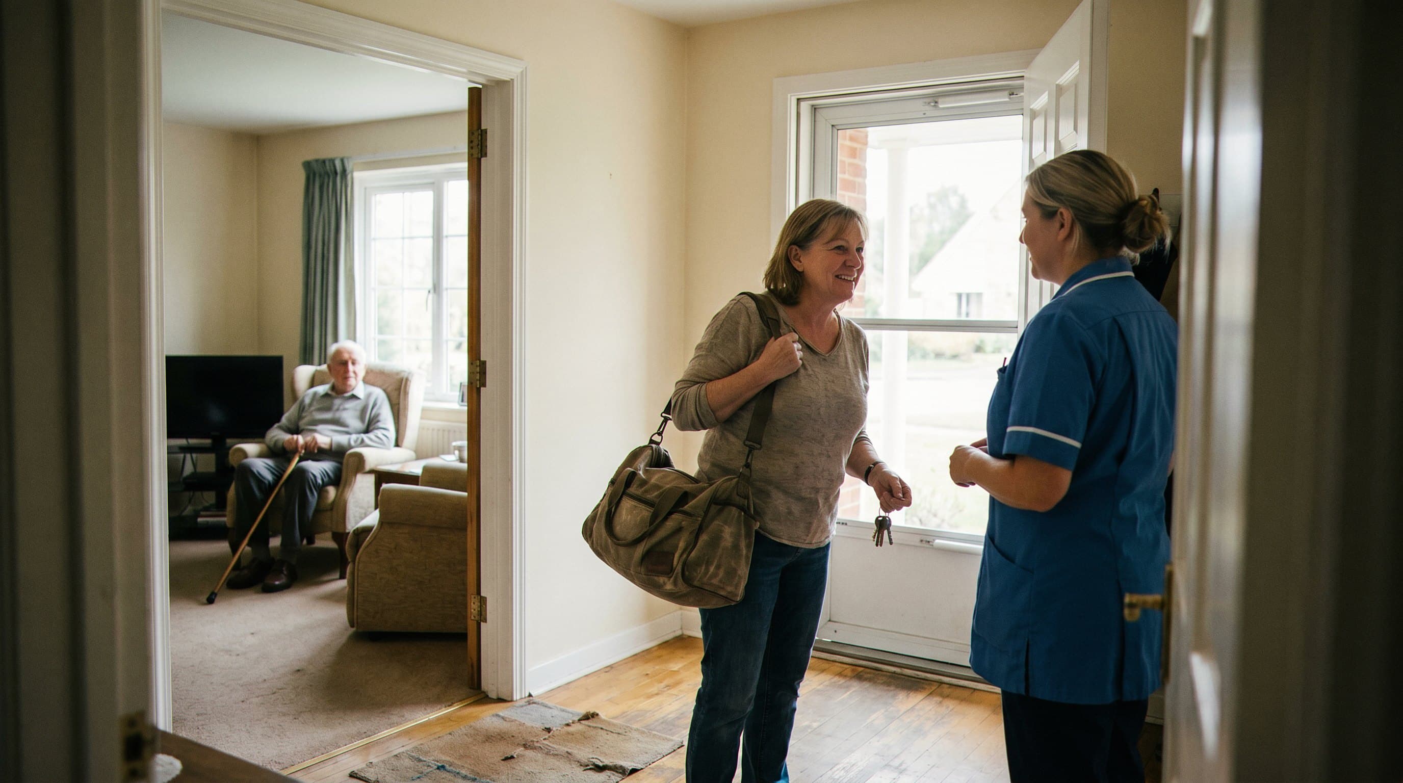 Caregiver arriving to take over care
