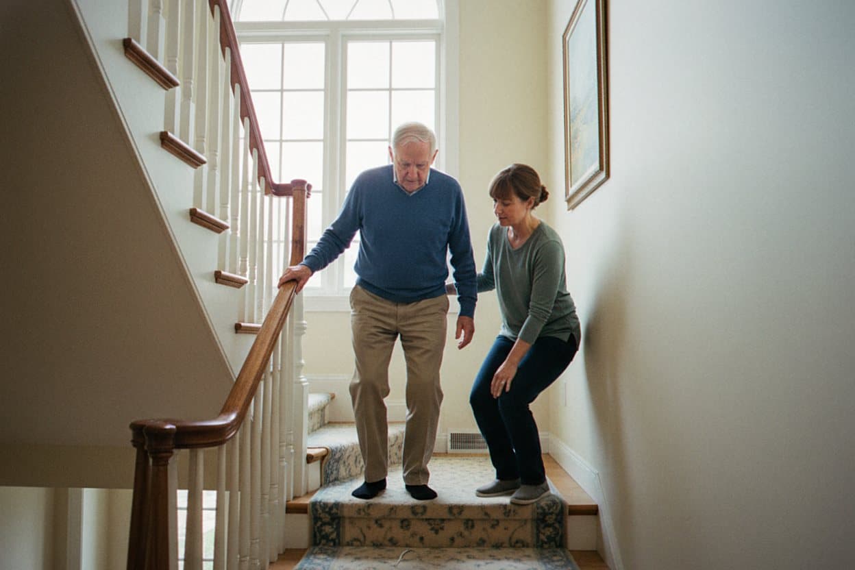 Caregiver supporting senior on stairs recovery