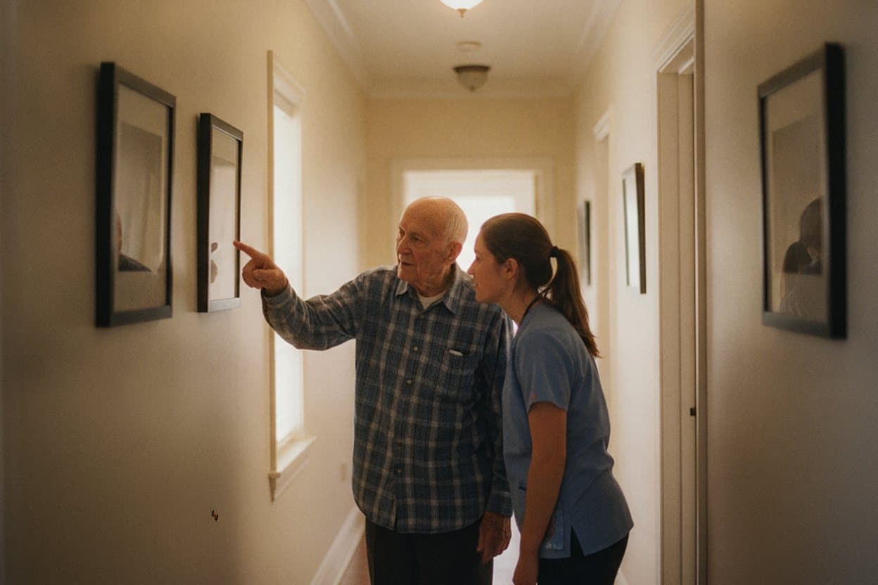 Senior's photos displayed on wall